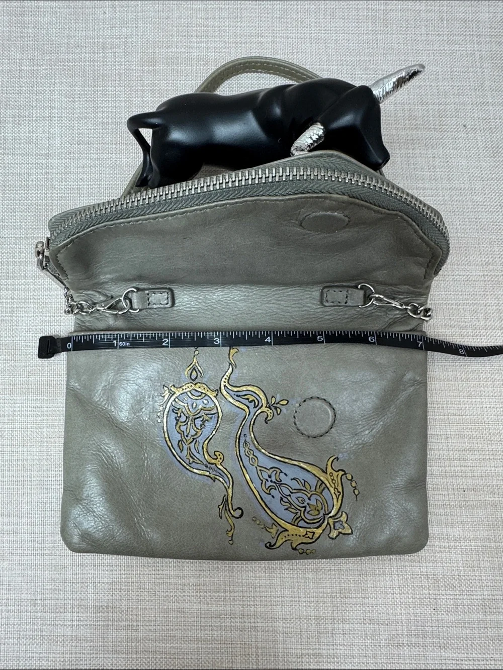 HOBO Gray Leather Crossbody with Decorative Gold and Blue Motif